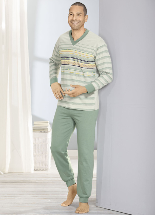 Pyjamasar - Pyjamas med V-ringning, muddar och placerad tryckdesign, i storlek 046 till 106, i färg MINTGRÜN-JADE-BUNT Utsikt 1