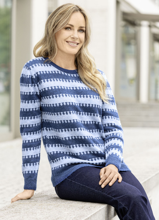 Lång ärm - Pullover i supermjuk kvalitet, i storlek L(44/46) till XS(32/34), i färg MARINBLÅ MELERAD