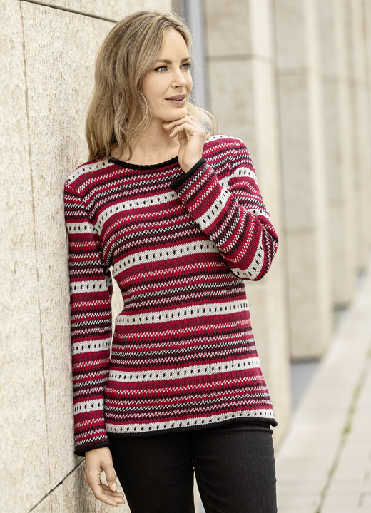 Lång ärm - Tröja i dekorativt randigt mönster, i storlek L(44/46) till XS(32/34), i färg BORDEAUX-ROT-MULTICOLOR Utsikt 1