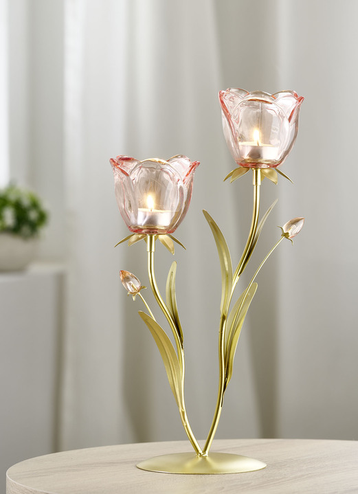 Heminredning - Elegant värmeljushållare med rosformade glas, i färg ROSA GULD