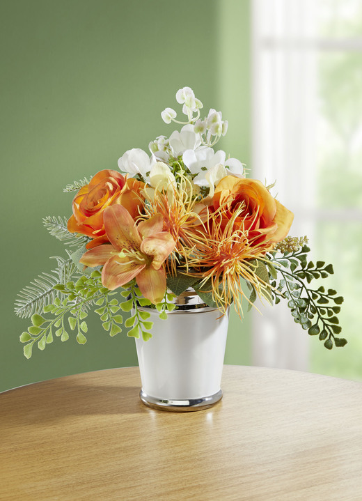 Konstgjorda växter - Rose/lilja arrangemang i vit keramikkruka, i färg ORANGE-GRÜN