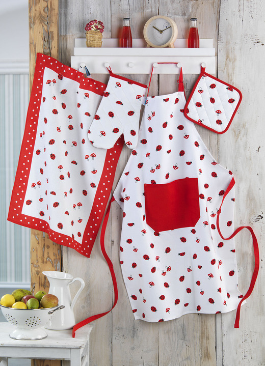 Presentidéer - Köksserie med nyckelpiga och paddsvamp motiv, i storlek 200 (2 kökshanddukar, 50/70 cm) till 502 (Förkläde, 90/70 cm), i färg ROT-WEISS
