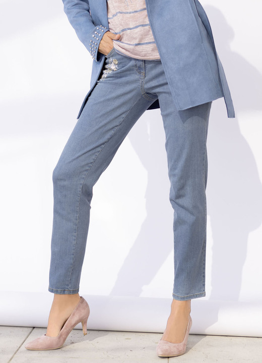 Byxor med knapp & dragkedja - Jeans med blommiga broderier, i storlek 018 till 052, i färg JEANS BLÅ Utsikt 1