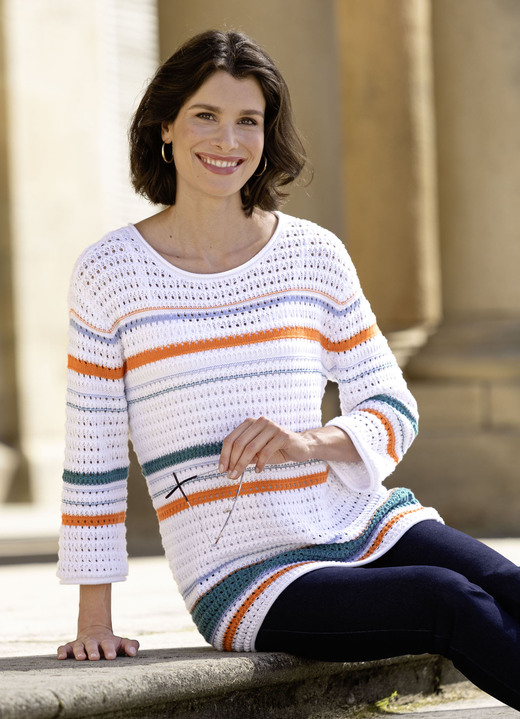 3/4-ärm - Virkad tröja, i storlek L(44/46) till XS(32/34), i färg WEISS-ORANGE-MULTICOLOR