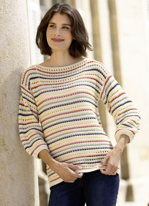 3/4-ärm - Tröja i randig design, i storlek L(44/46) till XS(32/34), i färg ECRU-MULTICOLOR