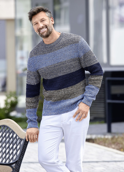 Tröja - Tröja med rund hals, i storlek 046 till 062, i färg BEIGE-BLAU-MARINE GESTREIFT