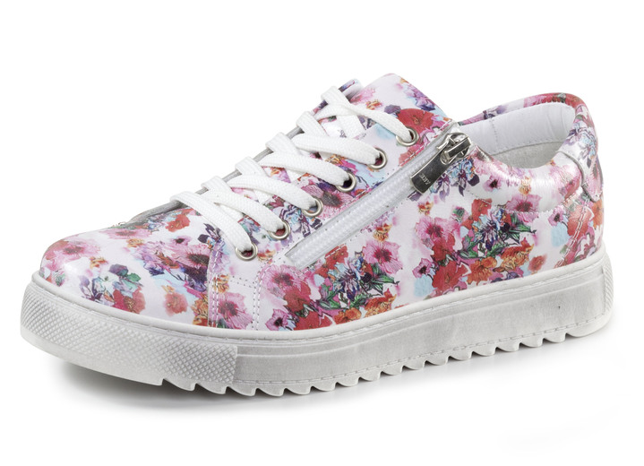 Damskor - Gemini sneaker med snörning av bestruket, blommigt nappaläder, i storlek 036 till 042, i färg WEISS-PINK Utsikt 1