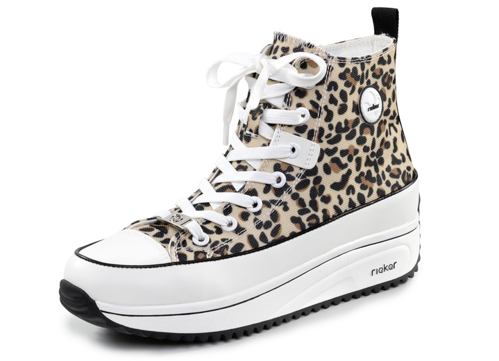 Damskor - Rieker skosko med snörning i leopardmönstrad eller denimstil, i storlek 036 till 042, i färg BRUN-VIT-SVART Utsikt 1