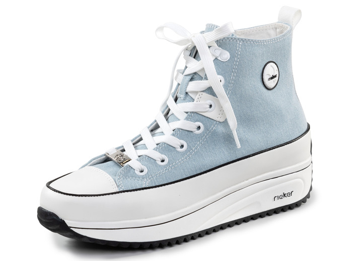 Damskor - Rieker skosko med snörning i leopardmönstrad eller denimstil, i storlek 036 till 042, i färg BLEU-WEISS Utsikt 1