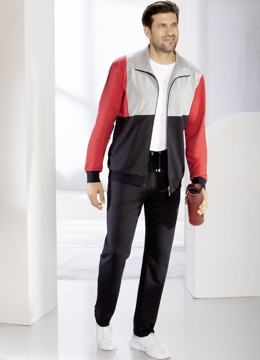 Sport- & fritidsmode - Fritidsdräkt med sidofickor, i storlek 3XL (64/66) till XXL (60/62), i färg MARINE-GRAU MELIERT-ROT