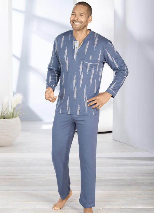 Pyjamasar - Pyjamas med knappslå och öppna toppar, i storlek 046 till 066, i färg JEANSBLAU-BUNT Utsikt 1