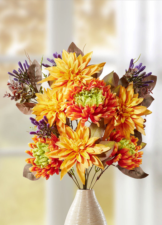 Konstgjorda växter - Höstlig dahlia- och krysantemumbukett, i färg GUL-ORANGE