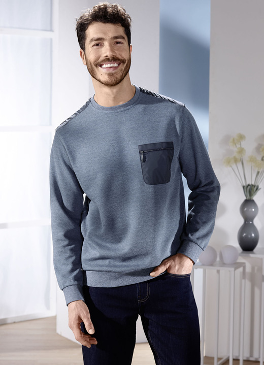 Sweatshirts - Tröja med bröstficka, i storlek 3XL (64/66) till XXL (60/62), i färg JEANSBLAU MELIERT