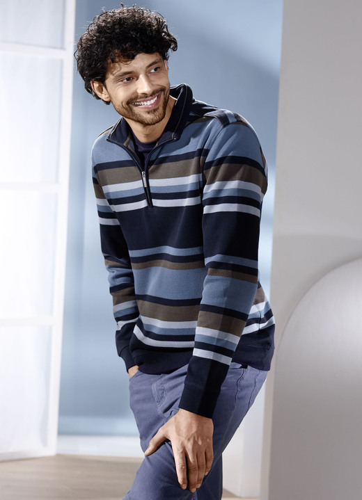 Sweatshirts - Troyjacka med kort dragkedja, i storlek 3XL (64/66) till XXL (60/62), i färg MARINE-JEANSBLAU GESTREIFT Utsikt 1