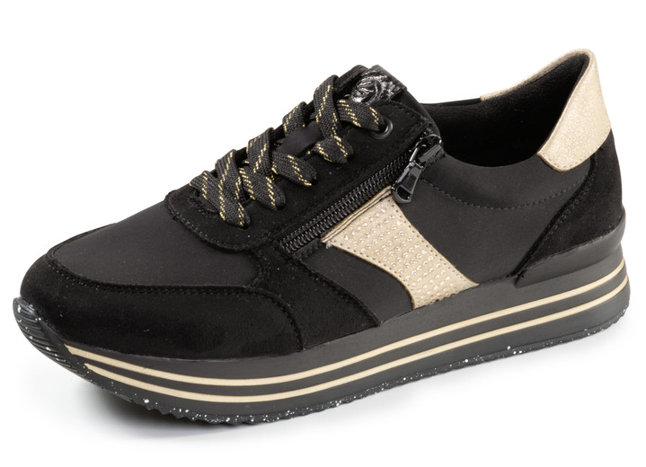 Damskor - Remonte, trendiga damsneakers, vidd G, med uttagbar fotbädd, i storlek 036 till 042, i färg SVART-GULD Utsikt 1