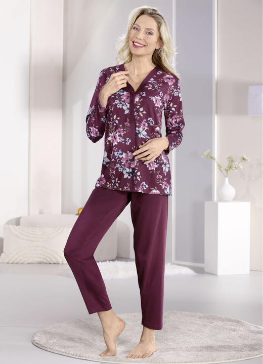 Lång- & kortärmade pyjamasar - Pyjamas med panel- och knappslå och långa ärmar, i storlek 036 till 054, i färg BORDEAUX-BEERE-BUNT Utsikt 1