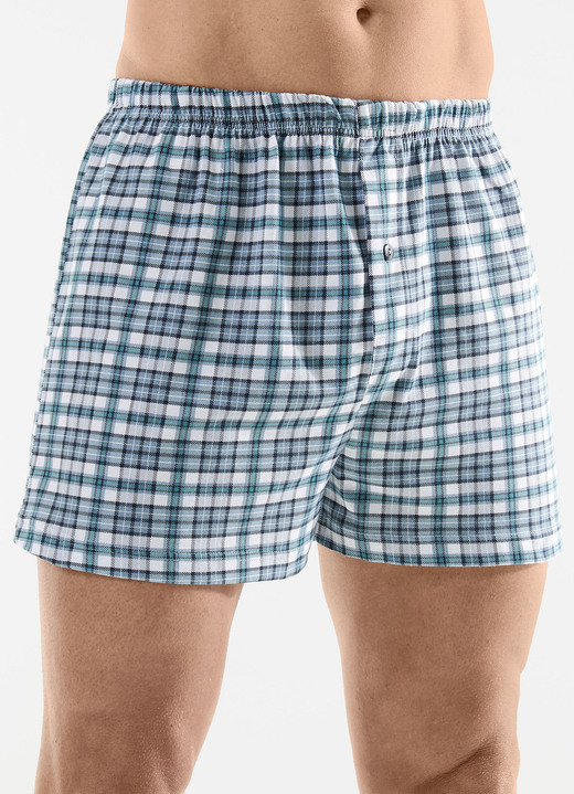 Byxor & boxershorts - Fyrapack boxershorts med knappgylf, i storlek 005 till 016, i färg 2X PETROL-WEISS, 2X UNI SCHWARZ