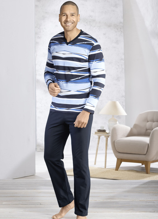 Pyjamasar - V-ringad pyjamas med öppna manschetter, i storlek 046 till 062, i färg HELLBLAU-NAVY-BUNT Utsikt 1