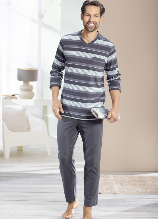 Pyjamasar - Tvåpack pyjamas med v-ringning och öppna fållar, i storlek 046 till 062, i färg 1X GRAFIT-GRÜN-BUNT, 1X MARINE-COGNAC-BUNT Utsikt 1
