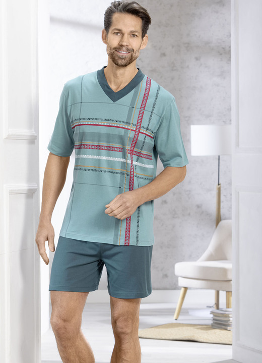 Kortärmade pyjamasar - Shorty med V-ringning och tryckmotiv, i storlek 046 till 062, i färg PETROL-BUNT Utsikt 1