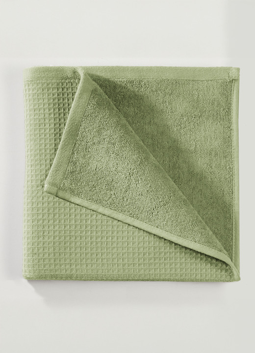 Handdukar - Våffelpikéfrottéserie av bomull, i storlek 200 (2 handdukar, 50/100 cm) till 204 (1 duschhandduk, 70/140 cm), i färg GRÜN Utsikt 1