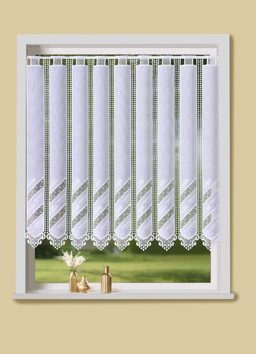 Korta gardiner - Liten persienn med makraméfinish, i storlek 823 (H35xB120 cm) till 890 (H90xB200 cm), i färg WEISS Utsikt 1