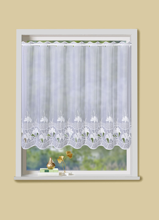 Korta gardiner - Liten fönsterpersienner med ginkgomotiv, i storlek 854 (H 65xB 95 cm) till 894 (H120xB148 cm), i färg WEISS