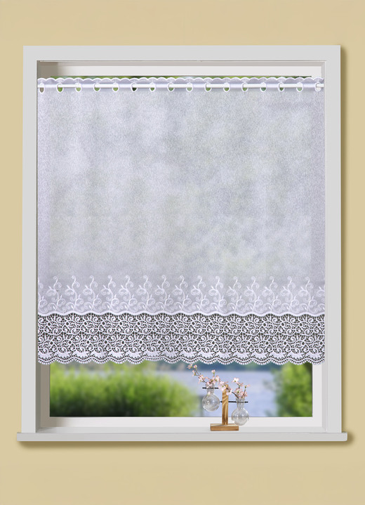 Korta gardiner - Liten persienn med böjd makraméfinish, i storlek 824 (H 45xB 100 cm) till 899 (H100xW200 cm), i färg WEISS Utsikt 1