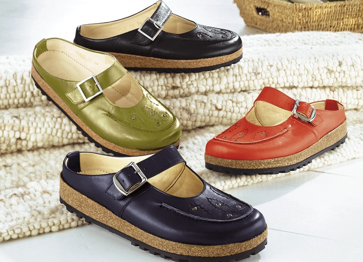 Sandaletter & slip in-skor - Haflinger läder träsko med applikation och nitar, i storlek 036 till 042, i färg GRÖN