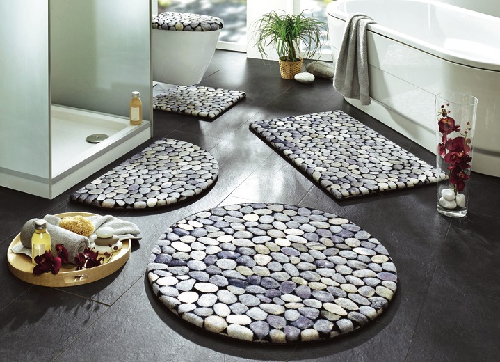 Badrumsinredning - Lättskött badrumsset med kiselstenmotiv, i storlek 100 (Halvrund matta, 50/ 80 cm) till 112 (Motif WC-lockskydd, 47/ 50 cm), i färg GRÅ Utsikt 1
