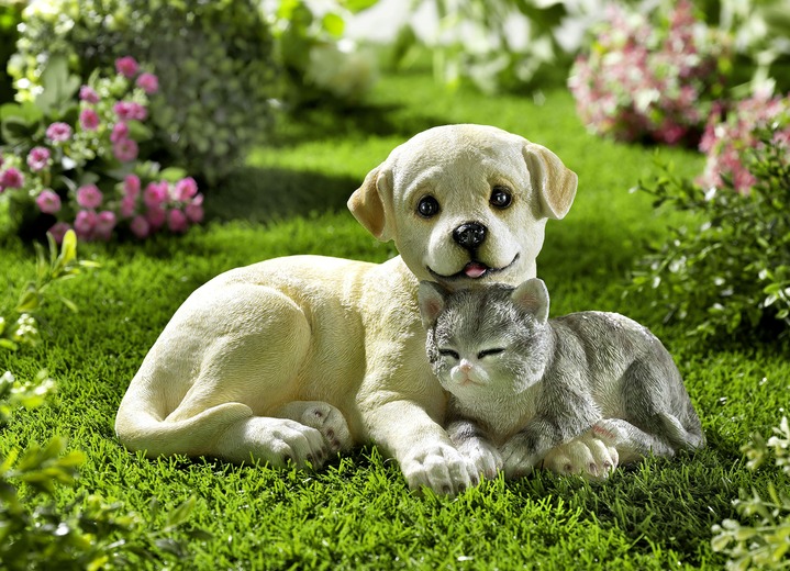 Trädgårdsdekoration - Polyresin hund och katt, i färg BEIGE-GRÅ-VITT
