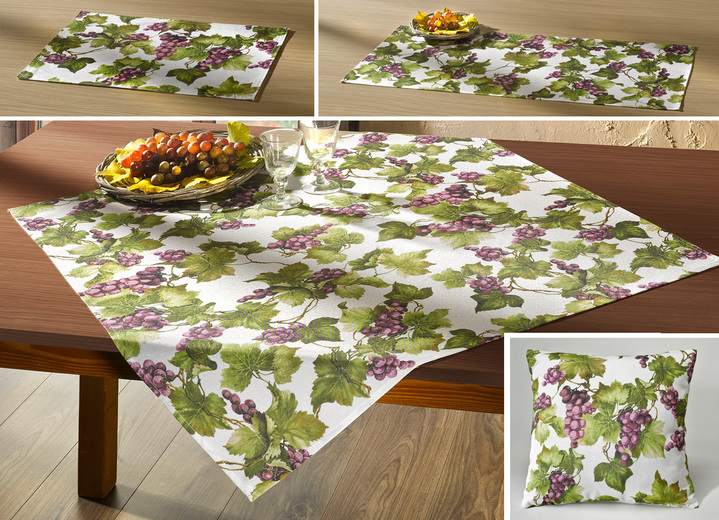 - Hemtillbehör med stämningsfulla vinblad, i storlek 140 (löpare, 40x 90 cm) till 404 (örngott, 40x 40 cm), i färg FÄRGRIK