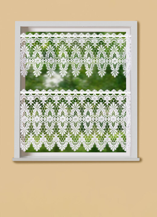 Korta gardiner - Fantastisk kort gardin tillverkad av äkta Plauen-spets, i storlek 662 (H30xW125 cm) till 858 (H65xW200 cm), i färg VIT
