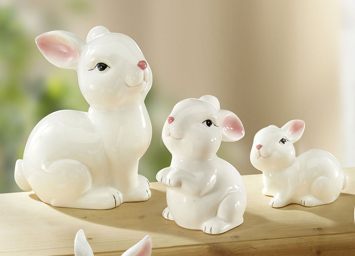 Påsk - Keramiska kaninfigurer, i färg VIT-ROSA, I utförande Set om 3, sittande Utsikt 1
