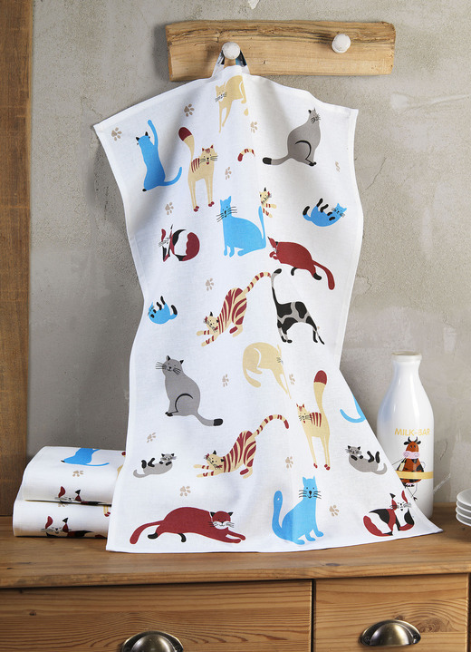 Handdukar - Kökshanddukar med kattdesign, set om 3, i färg VIT-FÄRGERIGT