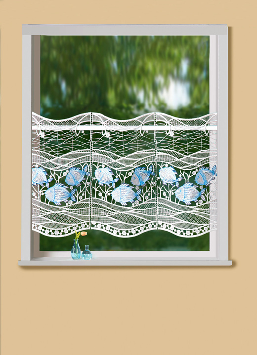 Korta gardiner - Kort persienn med fiskmotiv och Plauenbroderi, i storlek 818 (H30xW48 cm) till 824 (H30xW96 cm), i färg ECRU-AQUA