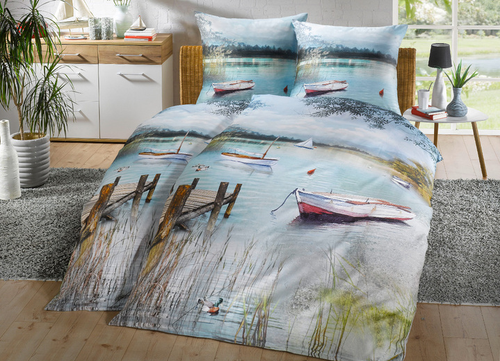Påslakanset - Digitaltryckt sänglinne med sjölandskap, i storlek 112 (80x80 cm + 135x200 cm) till 115 (80x80 cm + 155x220 cm), i färg FÄRGRIK