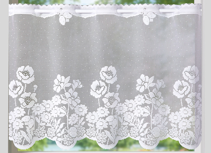 Korta gardiner - Kort blind blomsteräng med stolpar, i storlek 784 (H45xB 90 cm) till 859 (H60xW135 cm), i färg VIT