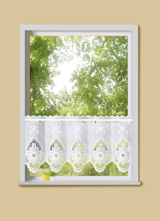 Korta gardiner - Kort blindblomma med stavgenomdragning, i storlek 786 (H45xB 95 cm) till 896 (H120xW160 cm), i färg VIT Utsikt 1
