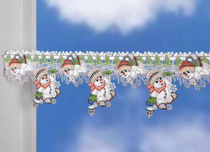 Korta gardiner - Stångdekoration snögubbar gjorda av äkta Plauenspets, i storlek 628 (H18xB36 cm) till 664 (H18xB93 cm), i färg FLERFÄRGAD