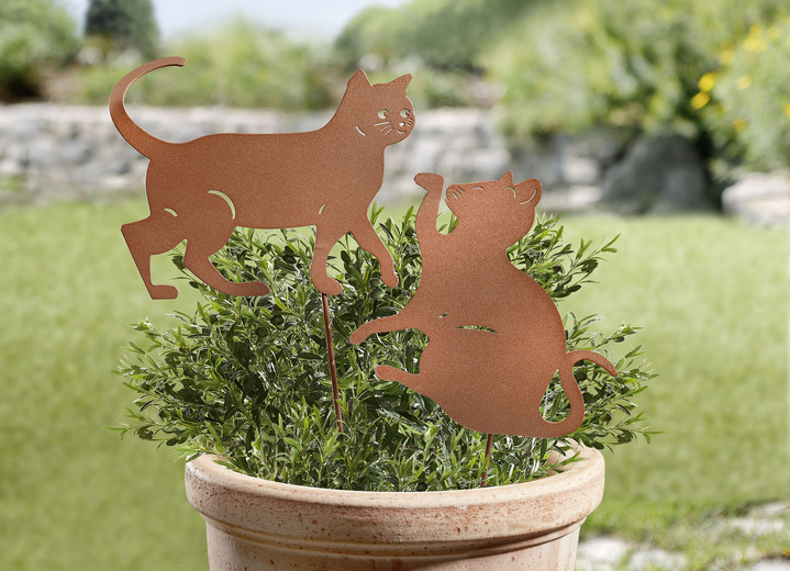 Trädgårdsdekoration - Dekorativa pluggar med kattmotiv, set om 2, i färg ROST