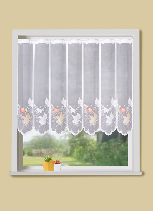 Korta gardiner - Kort gardin med höstligt lövmotiv, i storlek 856 (H60xB104 cm) till 894 (H100xB164 cm), i färg WEISS-TERRA