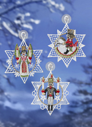 Erzgebirge fönsterbild, set om 3, gjord av äkta Plauenspets