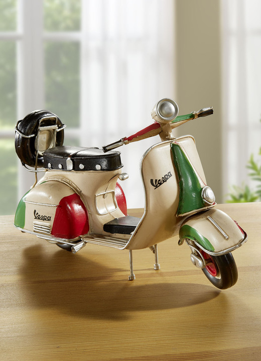 Presentidéer - Handmålad Vespa-skoter av plåt, i färg CREME-ROT-GRÜN
