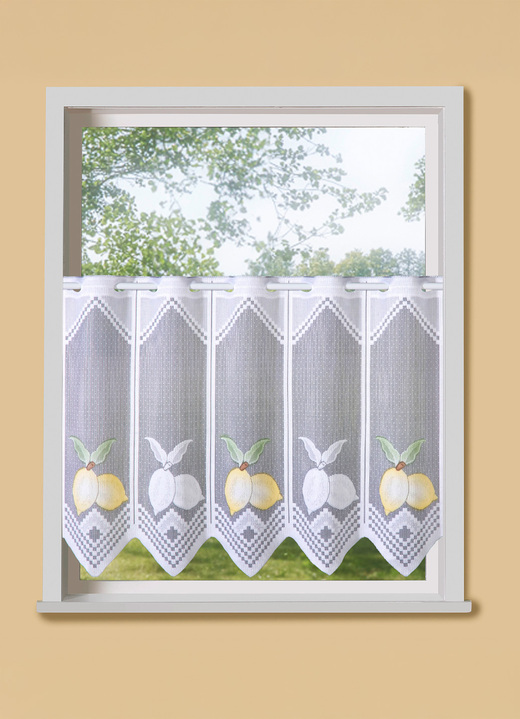 Korta gardiner - Handfärgade korta persienner med taggiga ändar, i storlek 119 (H50x B90 cm) till 123 (H50xB195 cm), i färg WEISS-GELB