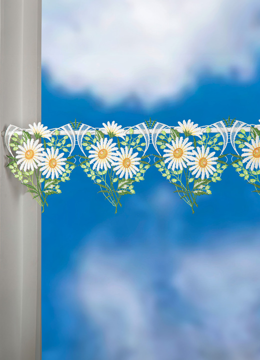 Korta gardiner - Stångdekoration gjord av äkta Plauenspets, i storlek 628 (H20xB48 cm) till 654 (H20xB96 cm), i färg BUNT Utsikt 1
