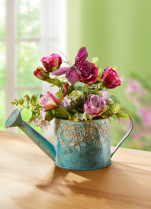 Konstgjorda växter - Blomsterarrangemang i vattenkanna, i färg BUNT