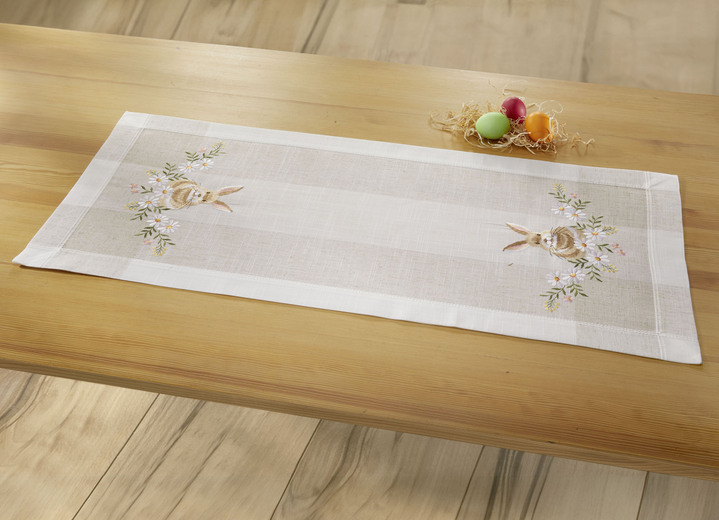 Hemtextil - Broderad bords- och rumsdekoration med påskharemotiv, i storlek 102 (löpare, 40x 85 cm) till 404 (örngott, 40x 40 cm), i färg SEKT-BUNT Utsikt 1