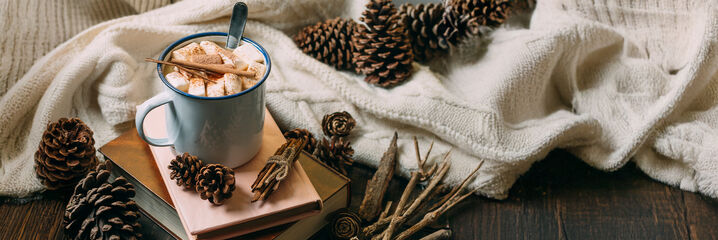 St&auml;mningsbild med varm dryck, skogsdekoration och mysig filt