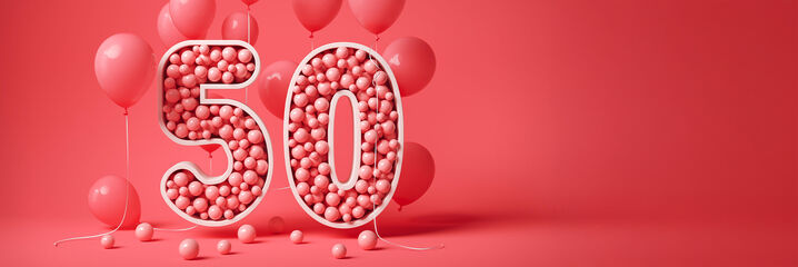 R&ouml;d &rdquo;50&rdquo; med r&ouml;da ballonger